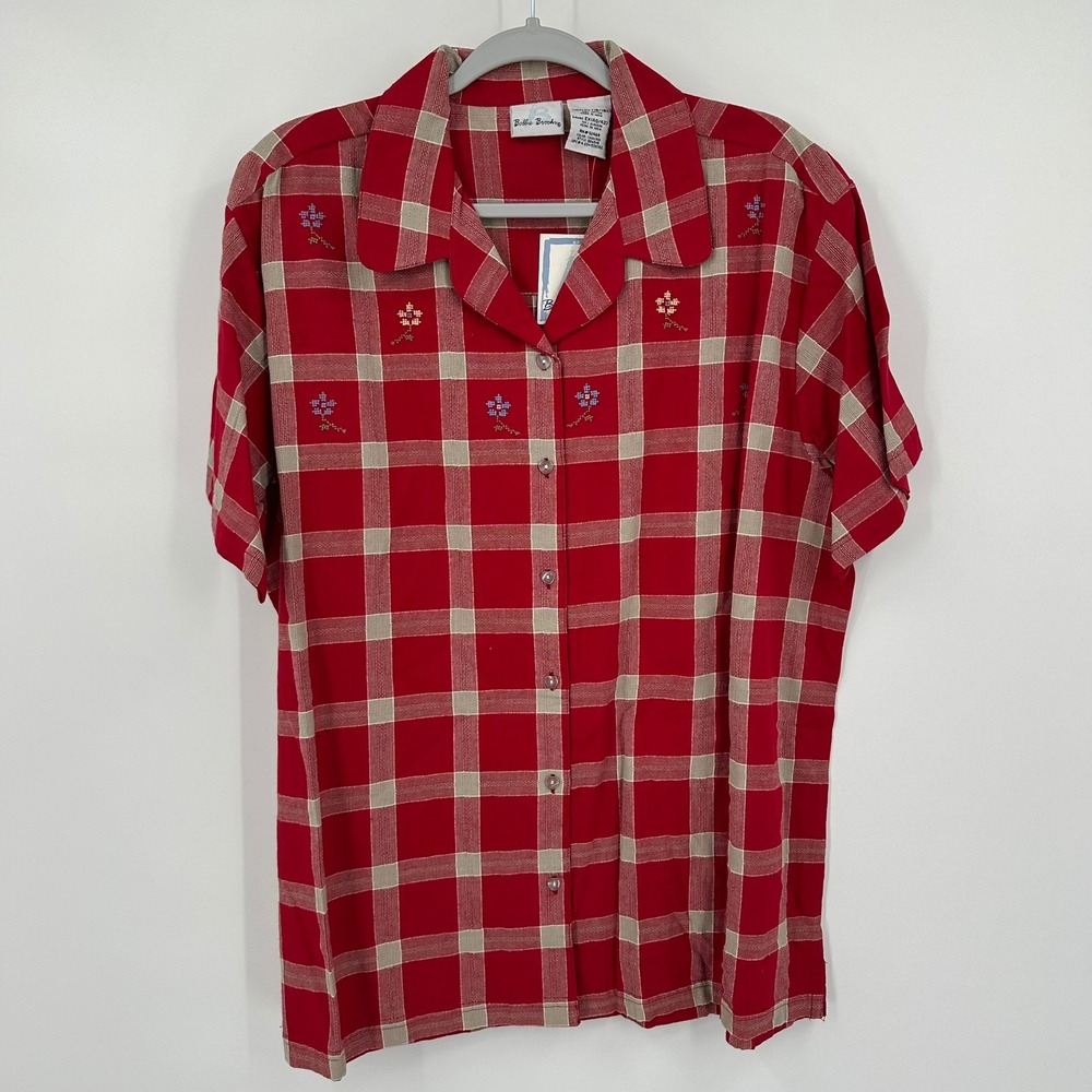 Bobbie Brooks Womens Cottagecore Red Plaid Top Sz 16W Americana Picnic Farmhouse